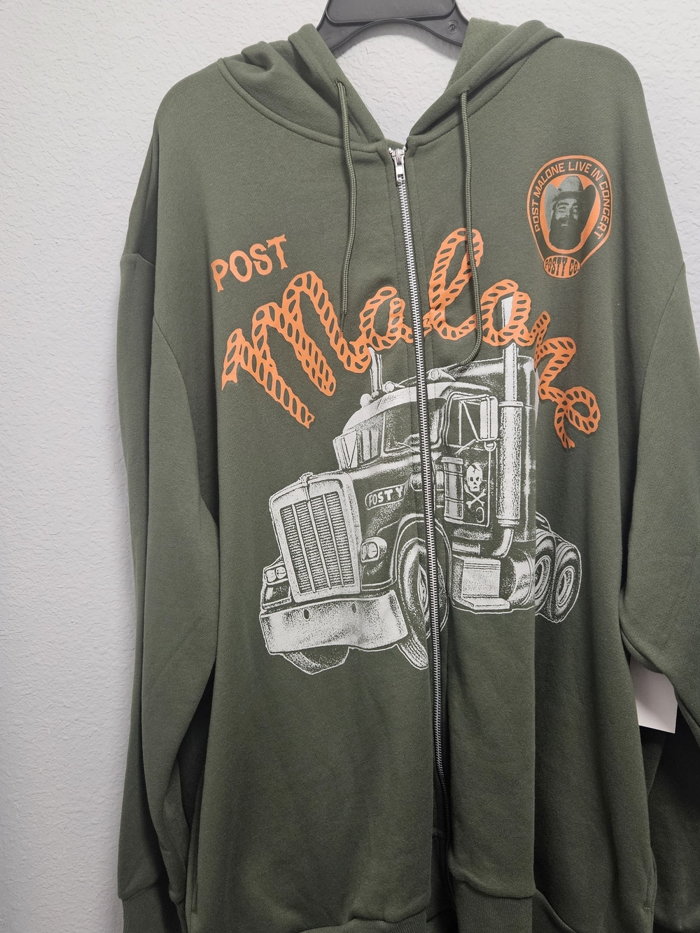 Men's Olive Green Zip-Up Hoodie with Orange Graphic Truck Print